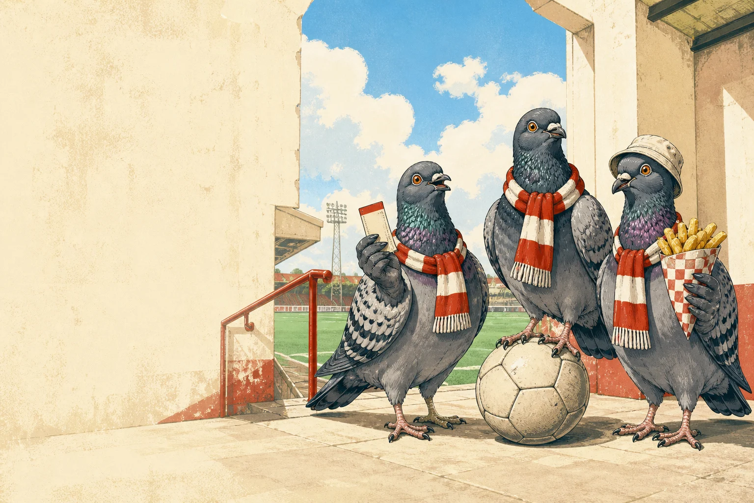 Three streetwise pigeons ready for an away day
